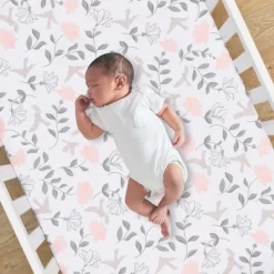 Lambs & Ivy Petals White/Pink/Gray Floral 100% Cotton Fitted Crib/Toddler Sheet