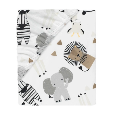 Lambs & Ivy Jungle Safari Cotton White/Gray Elephant/Lion Fitted Mini Crib Sheet 2 Lambs & Ivy Jungle Safari Cotton White/Gray Elephant/Lion Fitted Mini Crib Sheet - Image 2