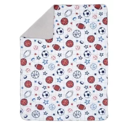 Lambs & Ivy Baby Sports White Fleece Baby Blanket - Football/Basketball/Baseball