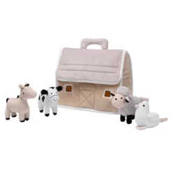 Lambs & Ivy Baby Farm Plush Barn With 4 Stuffed Animals Toy - Taupe/Gray/White